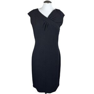 ST JOHN Women's Knit Sheath Dress Cap Sleeve V Neck Black Size 10 Made in USA